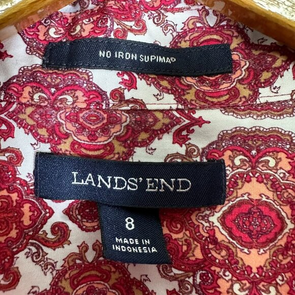 Lands' End No Iron Blouse Burgundy & White Paisley Supima Cotton Size 8 - Picture 7 of 11